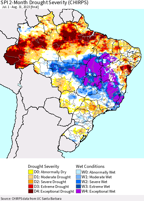 Brazil SPI 2-Month Drought Severity (CHIRPS) Thematic Map For 7/1/2023 - 8/31/2023