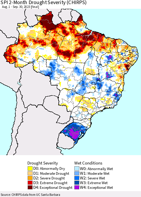 Brazil SPI 2-Month Drought Severity (CHIRPS) Thematic Map For 8/1/2023 - 9/30/2023