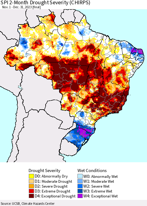 Brazil SPI 2-Month Drought Severity (CHIRPS) Thematic Map For 11/1/2023 - 12/31/2023