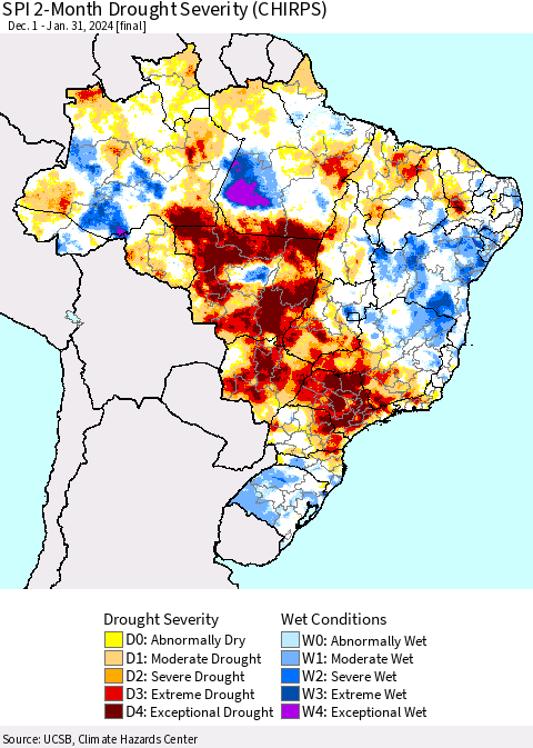 Brazil SPI 2-Month Drought Severity (CHIRPS) Thematic Map For 12/1/2023 - 1/31/2024