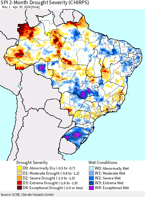 Brazil SPI 2-Month Drought Severity (CHIRPS) Thematic Map For 3/1/2024 - 4/30/2024