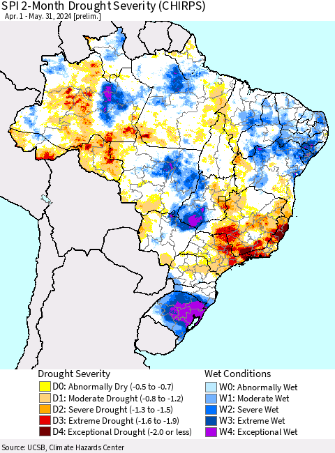 Brazil SPI 2-Month Drought Severity (CHIRPS) Thematic Map For 4/1/2024 - 5/31/2024