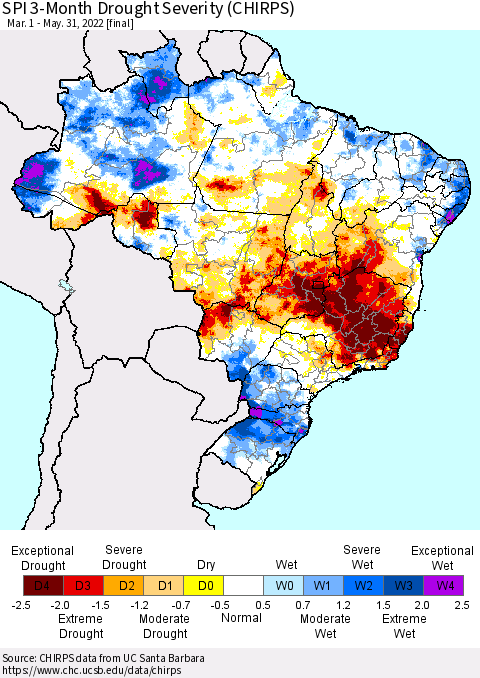 Brazil SPI 3-Month Drought Severity (CHIRPS) Thematic Map For 3/1/2022 - 5/31/2022