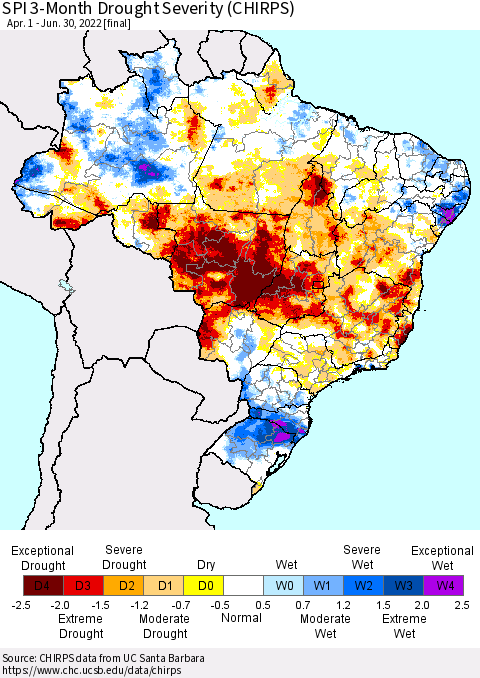 Brazil SPI 3-Month Drought Severity (CHIRPS) Thematic Map For 4/1/2022 - 6/30/2022