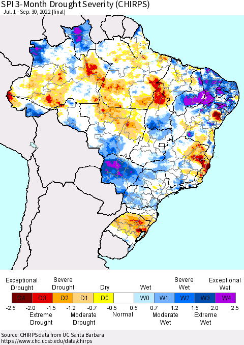 Brazil SPI 3-Month Drought Severity (CHIRPS) Thematic Map For 7/1/2022 - 9/30/2022
