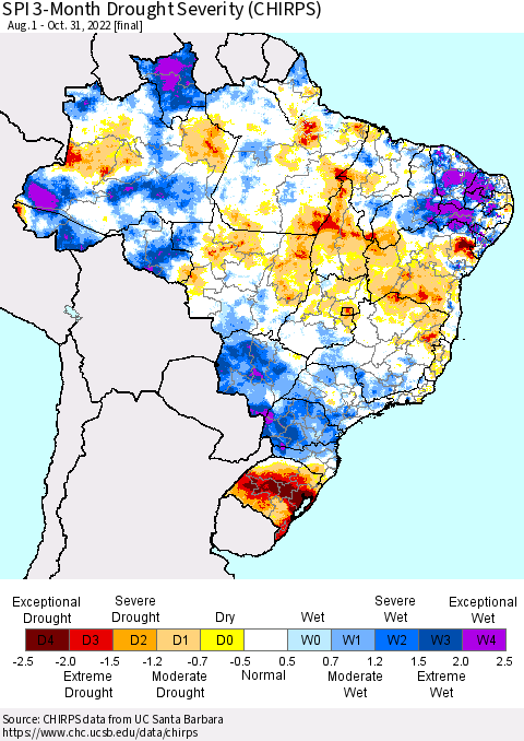 Brazil SPI 3-Month Drought Severity (CHIRPS) Thematic Map For 8/1/2022 - 10/31/2022