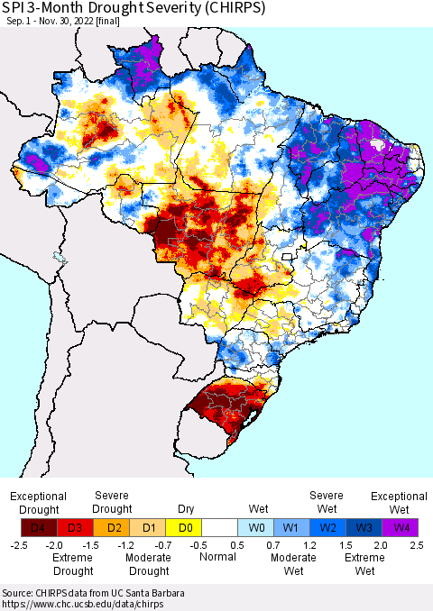 Brazil SPI 3-Month Drought Severity (CHIRPS) Thematic Map For 9/1/2022 - 11/30/2022