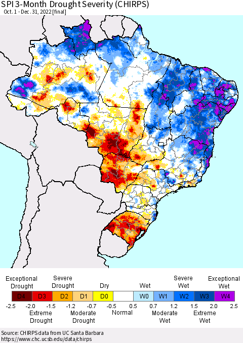 Brazil SPI 3-Month Drought Severity (CHIRPS) Thematic Map For 10/1/2022 - 12/31/2022