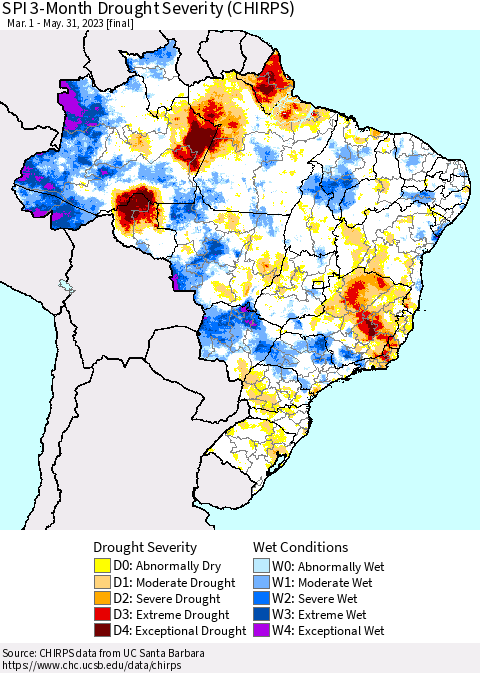 Brazil SPI 3-Month Drought Severity (CHIRPS) Thematic Map For 3/1/2023 - 5/31/2023