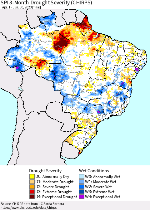 Brazil SPI 3-Month Drought Severity (CHIRPS) Thematic Map For 4/1/2023 - 6/30/2023