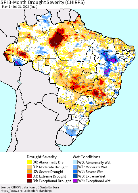 Brazil SPI 3-Month Drought Severity (CHIRPS) Thematic Map For 5/1/2023 - 7/31/2023