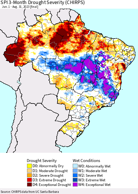 Brazil SPI 3-Month Drought Severity (CHIRPS) Thematic Map For 6/1/2023 - 8/31/2023