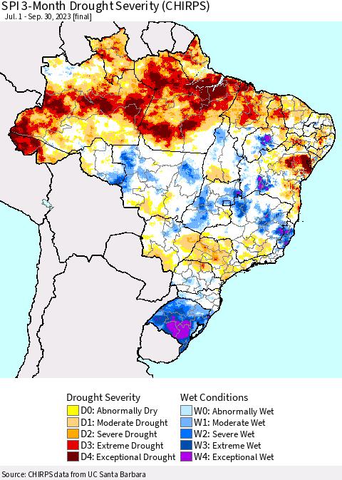 Brazil SPI 3-Month Drought Severity (CHIRPS) Thematic Map For 7/1/2023 - 9/30/2023