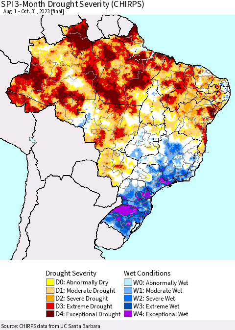 Brazil SPI 3-Month Drought Severity (CHIRPS) Thematic Map For 8/1/2023 - 10/31/2023