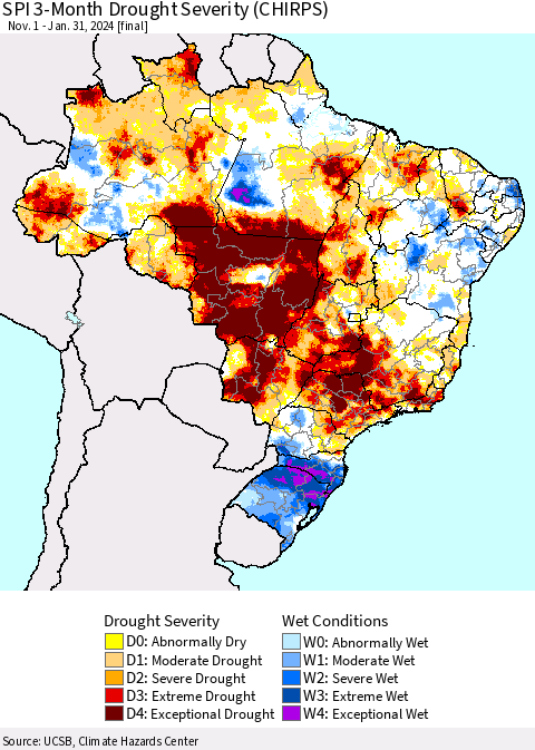 Brazil SPI 3-Month Drought Severity (CHIRPS) Thematic Map For 11/1/2023 - 1/31/2024