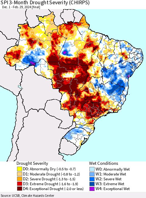 Brazil SPI 3-Month Drought Severity (CHIRPS) Thematic Map For 12/1/2023 - 2/29/2024