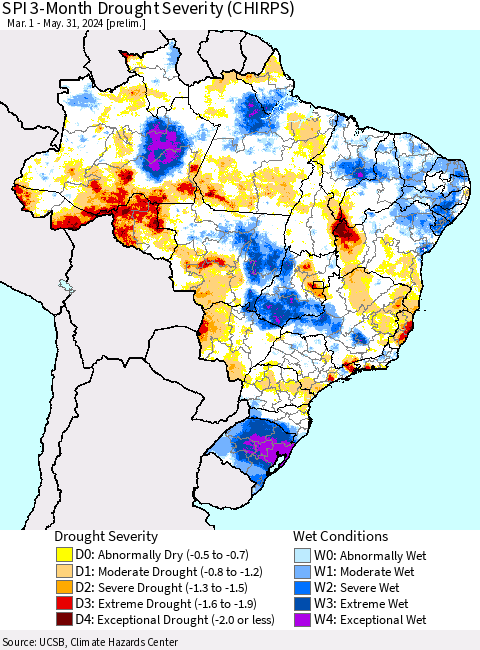 Brazil SPI 3-Month Drought Severity (CHIRPS) Thematic Map For 3/1/2024 - 5/31/2024