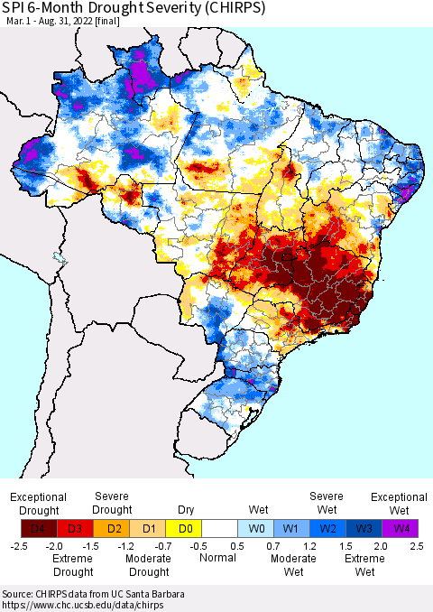 Brazil SPI 6-Month Drought Severity (CHIRPS) Thematic Map For 3/1/2022 - 8/31/2022