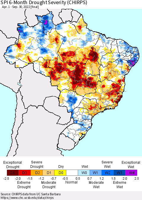 Brazil SPI 6-Month Drought Severity (CHIRPS) Thematic Map For 4/1/2022 - 9/30/2022