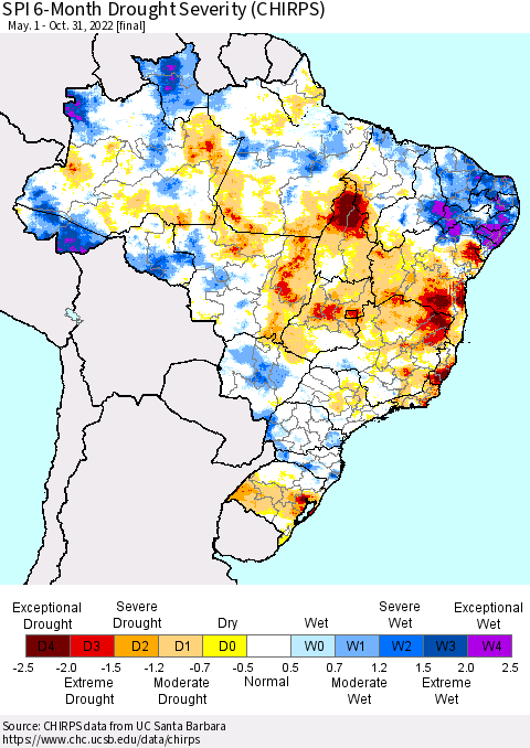 Brazil SPI 6-Month Drought Severity (CHIRPS) Thematic Map For 5/1/2022 - 10/31/2022