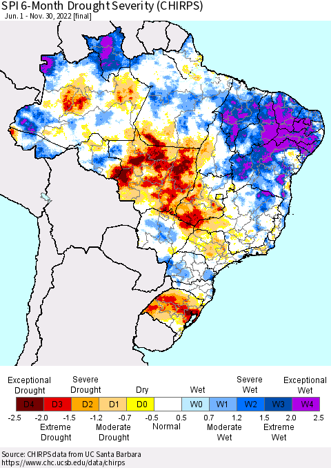 Brazil SPI 6-Month Drought Severity (CHIRPS) Thematic Map For 6/1/2022 - 11/30/2022
