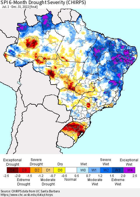 Brazil SPI 6-Month Drought Severity (CHIRPS) Thematic Map For 7/1/2022 - 12/31/2022