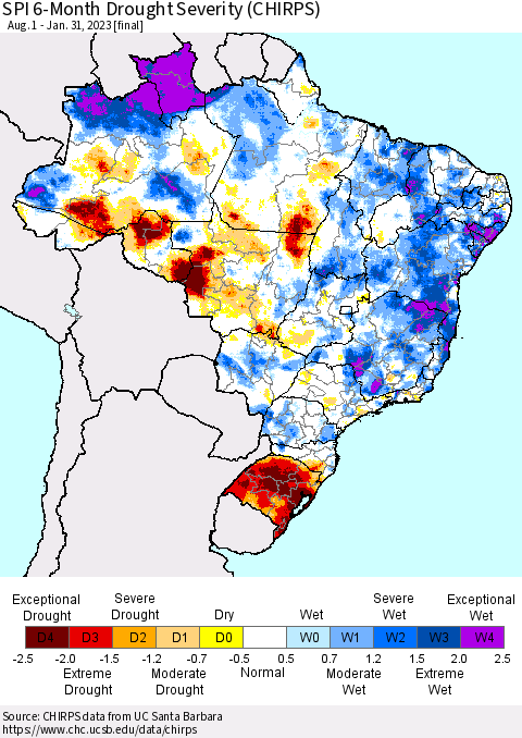 Brazil SPI 6-Month Drought Severity (CHIRPS) Thematic Map For 8/1/2022 - 1/31/2023