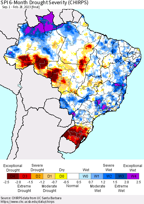 Brazil SPI 6-Month Drought Severity (CHIRPS) Thematic Map For 9/1/2022 - 2/28/2023