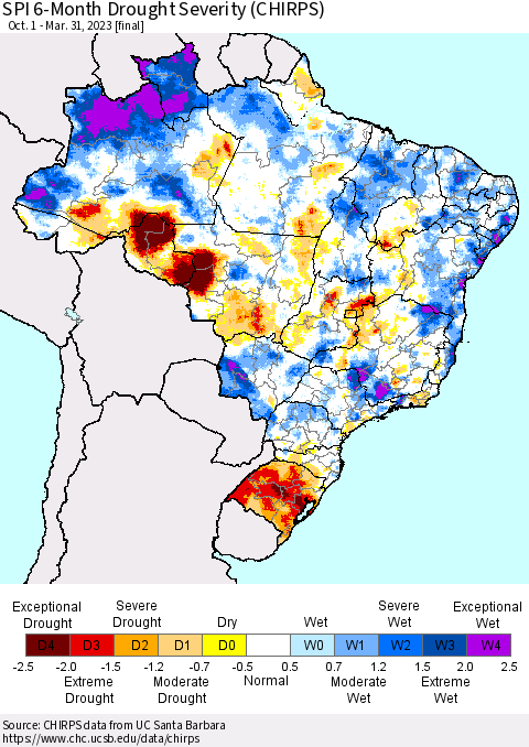 Brazil SPI 6-Month Drought Severity (CHIRPS) Thematic Map For 10/1/2022 - 3/31/2023