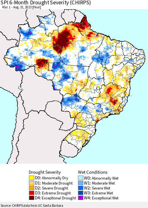 Brazil SPI 6-Month Drought Severity (CHIRPS) Thematic Map For 3/1/2023 - 8/31/2023