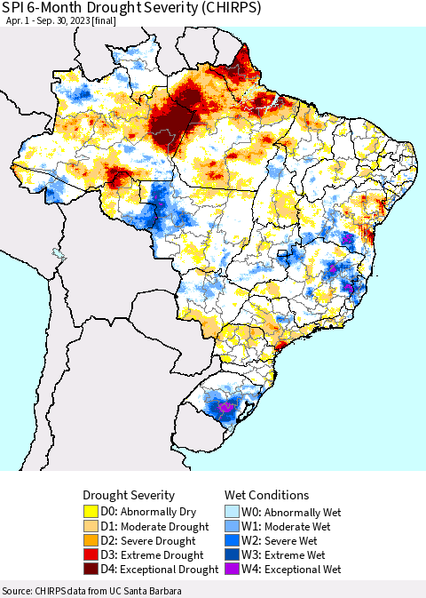 Brazil SPI 6-Month Drought Severity (CHIRPS) Thematic Map For 4/1/2023 - 9/30/2023