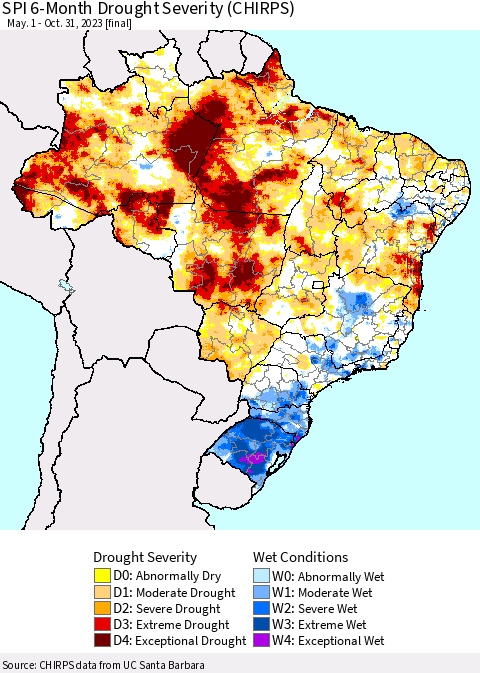 Brazil SPI 6-Month Drought Severity (CHIRPS) Thematic Map For 5/1/2023 - 10/31/2023
