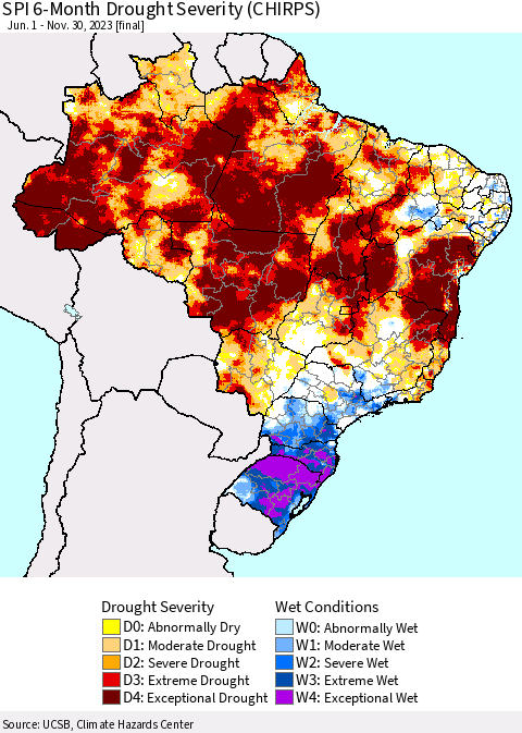 Brazil SPI 6-Month Drought Severity (CHIRPS) Thematic Map For 6/1/2023 - 11/30/2023