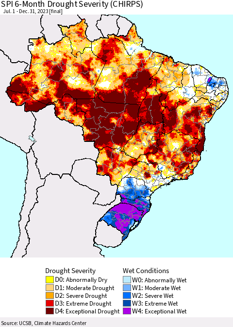 Brazil SPI 6-Month Drought Severity (CHIRPS) Thematic Map For 7/1/2023 - 12/31/2023