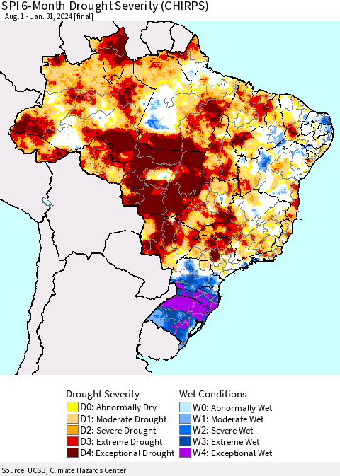 Brazil SPI 6-Month Drought Severity (CHIRPS) Thematic Map For 8/1/2023 - 1/31/2024