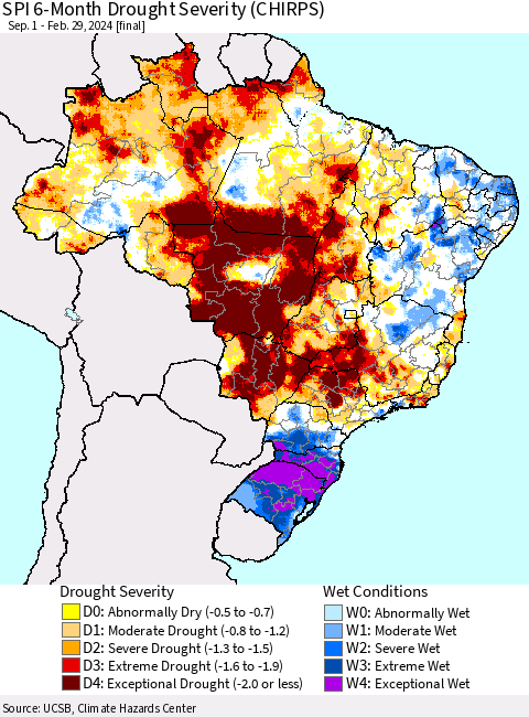 Brazil SPI 6-Month Drought Severity (CHIRPS) Thematic Map For 9/1/2023 - 2/29/2024