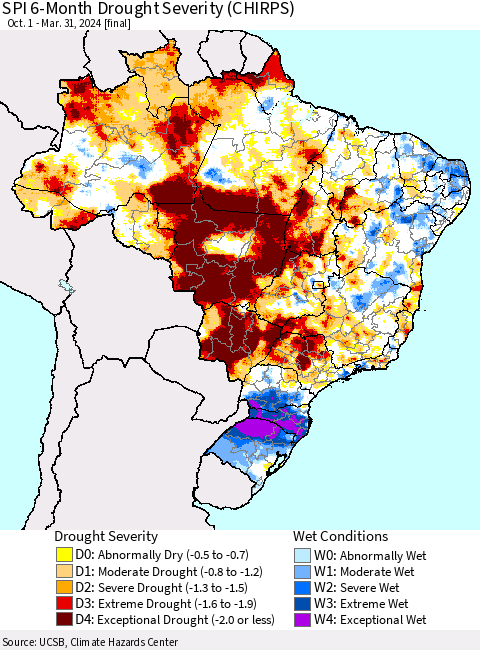 Brazil SPI 6-Month Drought Severity (CHIRPS) Thematic Map For 10/1/2023 - 3/31/2024