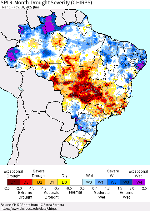Brazil SPI 9-Month Drought Severity (CHIRPS) Thematic Map For 3/1/2022 - 11/30/2022