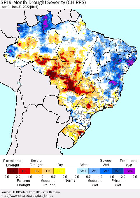 Brazil SPI 9-Month Drought Severity (CHIRPS) Thematic Map For 4/1/2022 - 12/31/2022