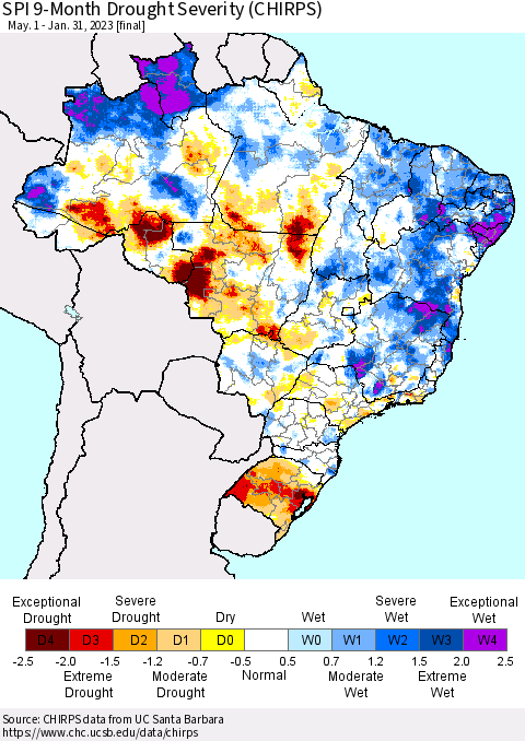 Brazil SPI 9-Month Drought Severity (CHIRPS) Thematic Map For 5/1/2022 - 1/31/2023