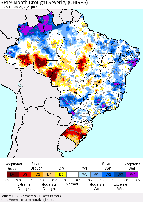 Brazil SPI 9-Month Drought Severity (CHIRPS) Thematic Map For 6/1/2022 - 2/28/2023
