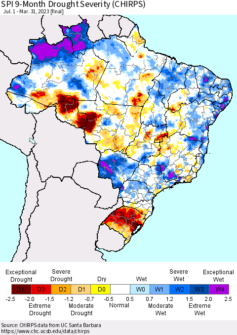 Brazil SPI 9-Month Drought Severity (CHIRPS) Thematic Map For 7/1/2022 - 3/31/2023