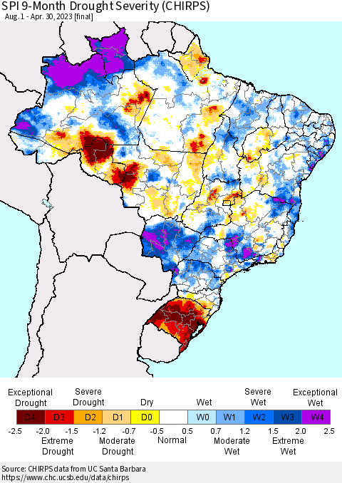 Brazil SPI 9-Month Drought Severity (CHIRPS) Thematic Map For 8/1/2022 - 4/30/2023