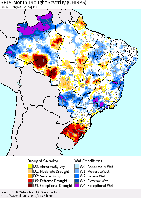 Brazil SPI 9-Month Drought Severity (CHIRPS) Thematic Map For 9/1/2022 - 5/31/2023