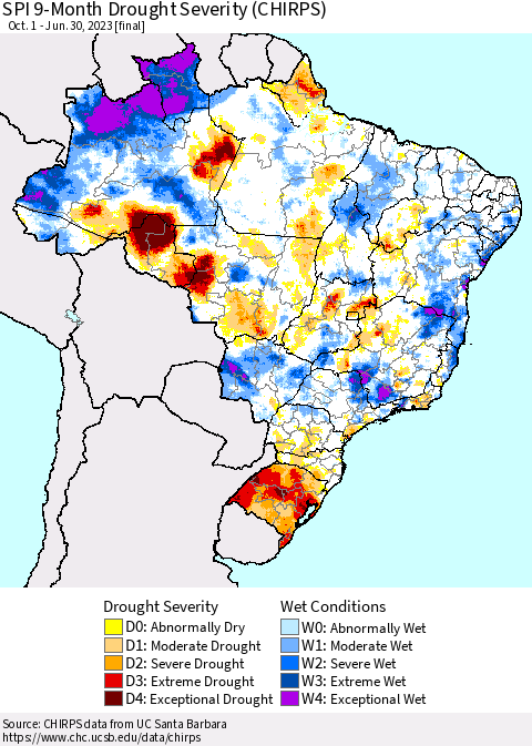 Brazil SPI 9-Month Drought Severity (CHIRPS) Thematic Map For 10/1/2022 - 6/30/2023