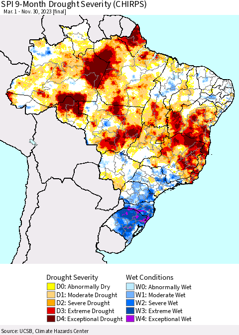 Brazil SPI 9-Month Drought Severity (CHIRPS) Thematic Map For 3/1/2023 - 11/30/2023