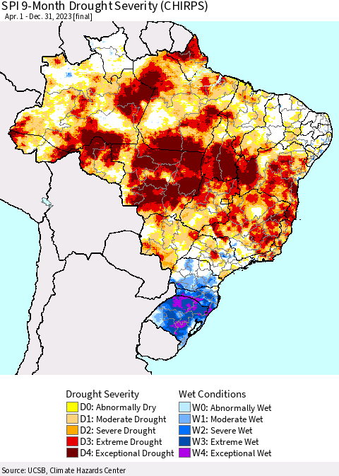 Brazil SPI 9-Month Drought Severity (CHIRPS) Thematic Map For 4/1/2023 - 12/31/2023