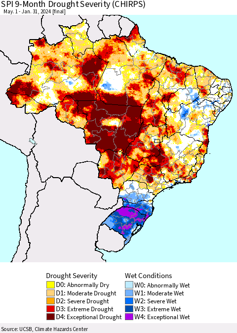 Brazil SPI 9-Month Drought Severity (CHIRPS) Thematic Map For 5/1/2023 - 1/31/2024