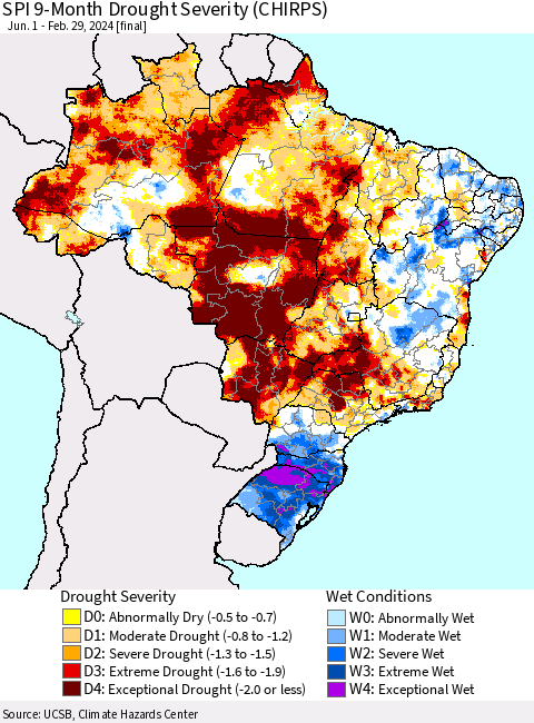 Brazil SPI 9-Month Drought Severity (CHIRPS) Thematic Map For 6/1/2023 - 2/29/2024