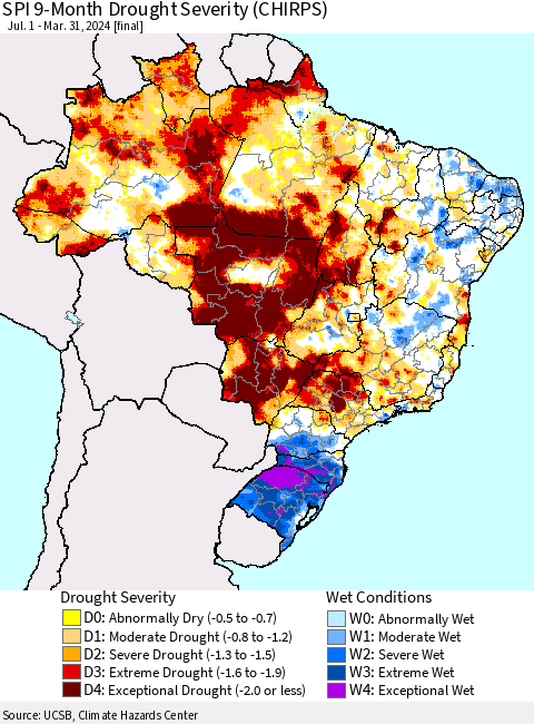 Brazil SPI 9-Month Drought Severity (CHIRPS) Thematic Map For 7/1/2023 - 3/31/2024